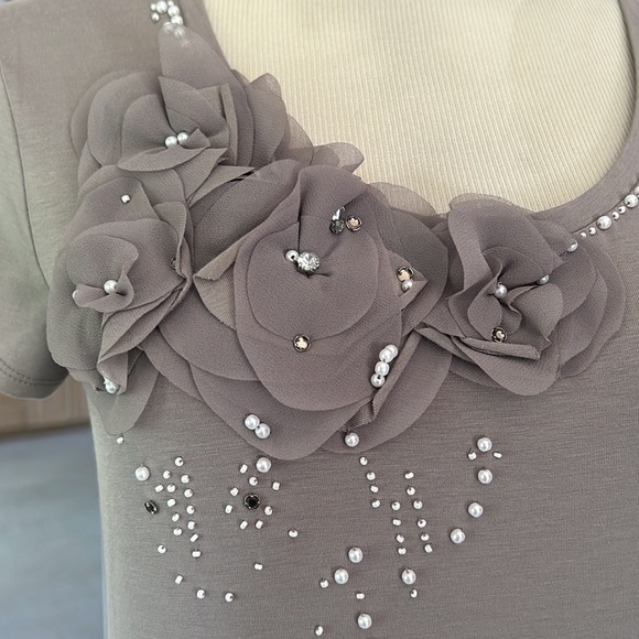 Ann Taylor Top Shirt Embellished Size Small S Taupe NWOT Never Worn - Picture 2 of 6